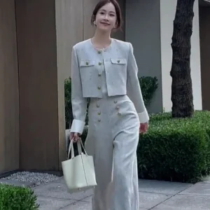 Elegant O-neck Long Sleeve Crop Jackets High Waist Wide Leg Pants 2 Piece Outfits