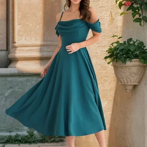 Elegant Off-Shoulder A-line Silhouette Midi Slip Dress