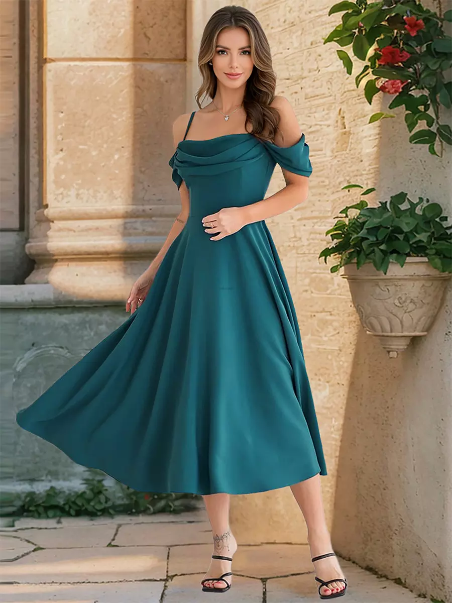 Elegant Off-Shoulder A-line Silhouette Midi Slip Dress