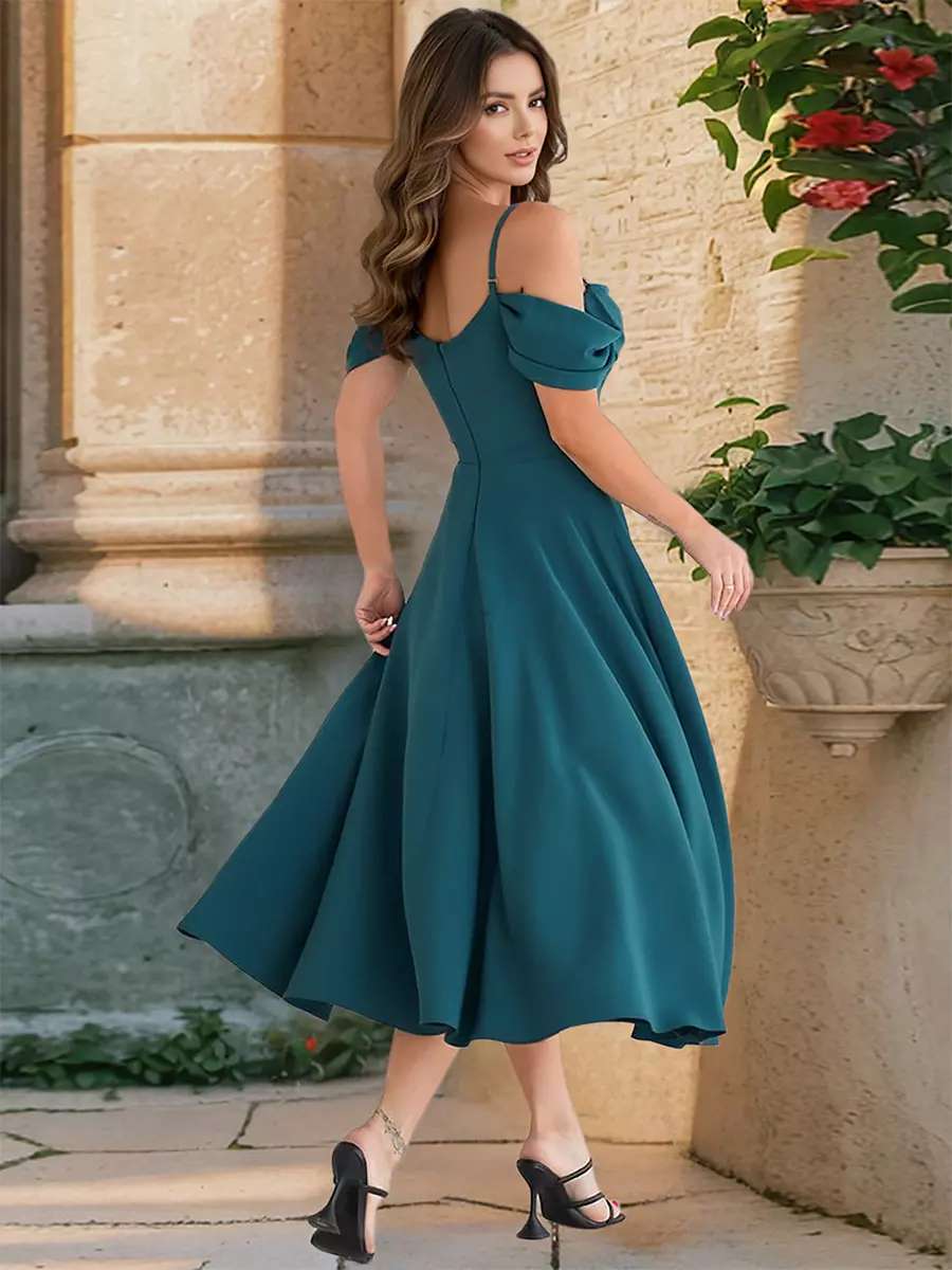 Elegant Off-Shoulder A-line Silhouette Midi Slip Dress - Image 4