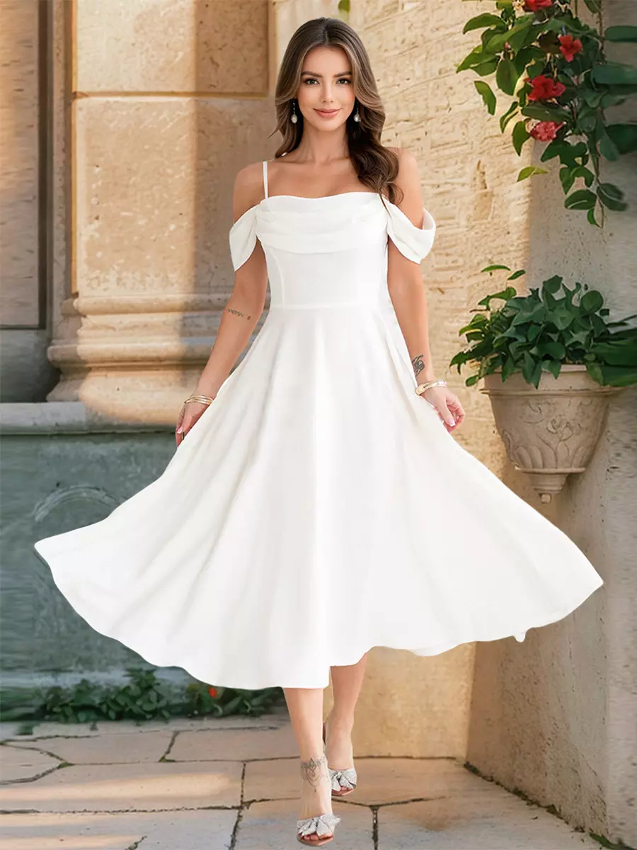 Elegant Off-Shoulder A-line Silhouette Midi Slip Dress - Image 8