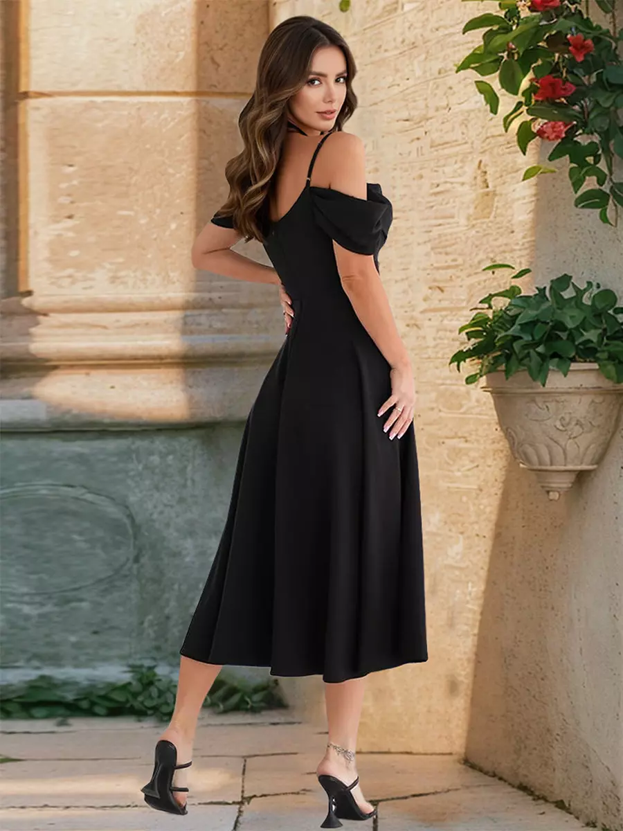 Elegant Off-Shoulder A-line Silhouette Midi Slip Dress - Image 7