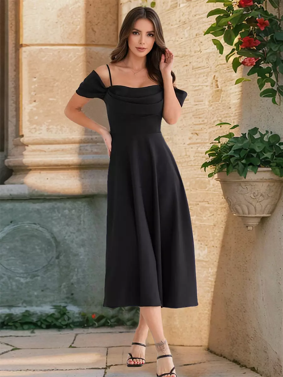 Elegant Off-Shoulder A-line Silhouette Midi Slip Dress - Image 5