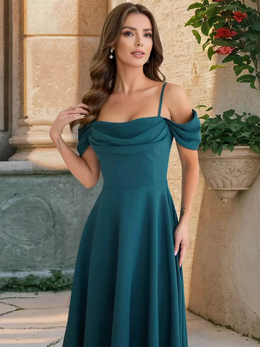 Elegant Off-Shoulder A-line Silhouette Midi Slip Dress - Image 2