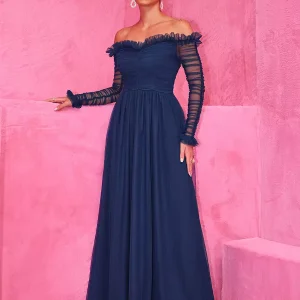 Elegant Off-Shoulder With Sheer Sleeves Graduation Maxi Party Dress