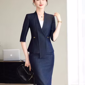 Elegant Hidden Breasted Office Style Blazer And Skirt 2 Piece Suit