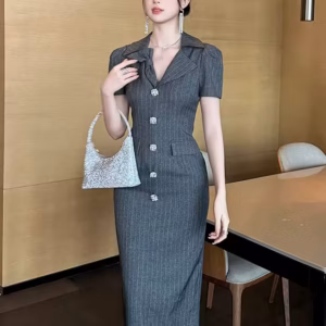 Elegant Office Style Short Sleeve Retro Striped Formal Blazer Midi Dress