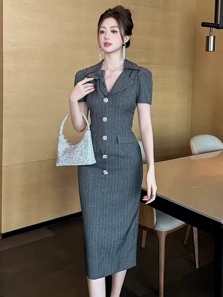 Elegant Office Style Short Sleeve Retro Striped Formal Blazer Midi Dress