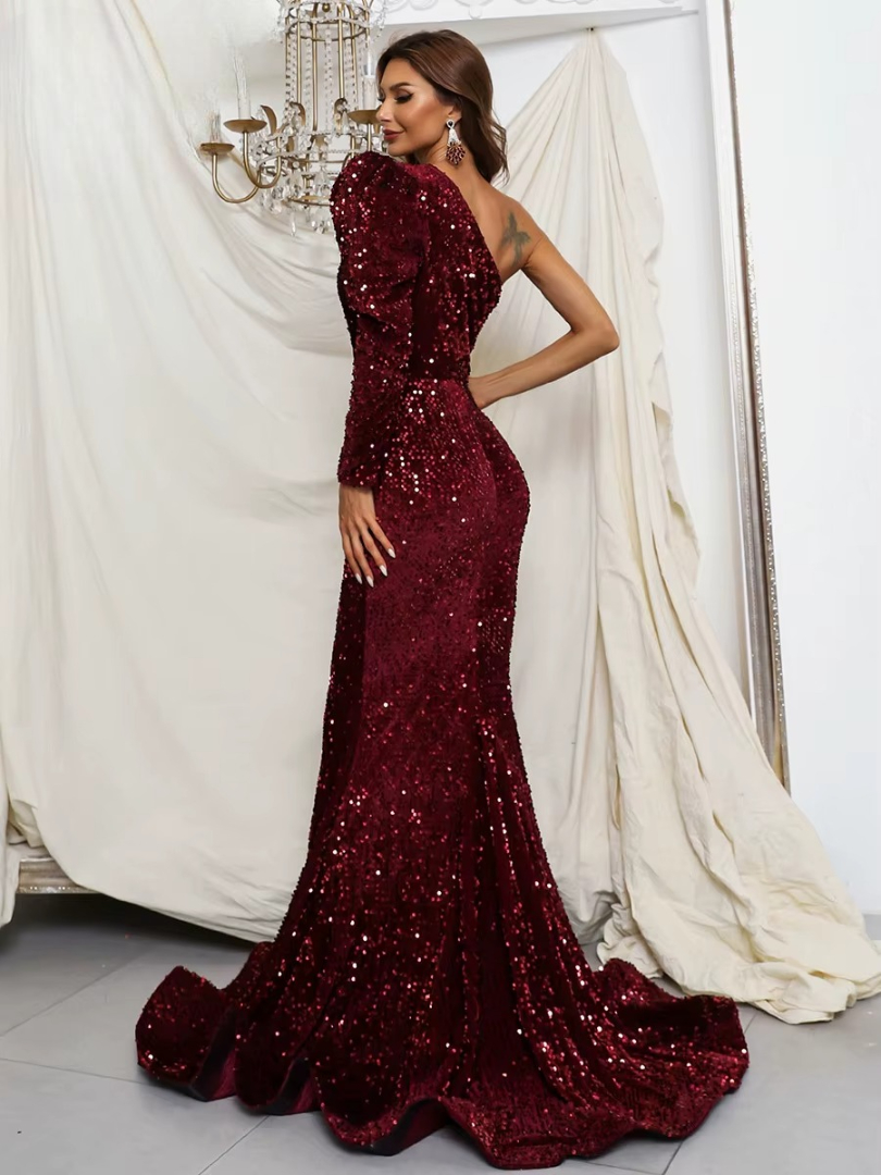 Elegant One Shoulder Puff Sleeve Cutout Bodycon Maxi Mermaid Party Dresses - Image 7