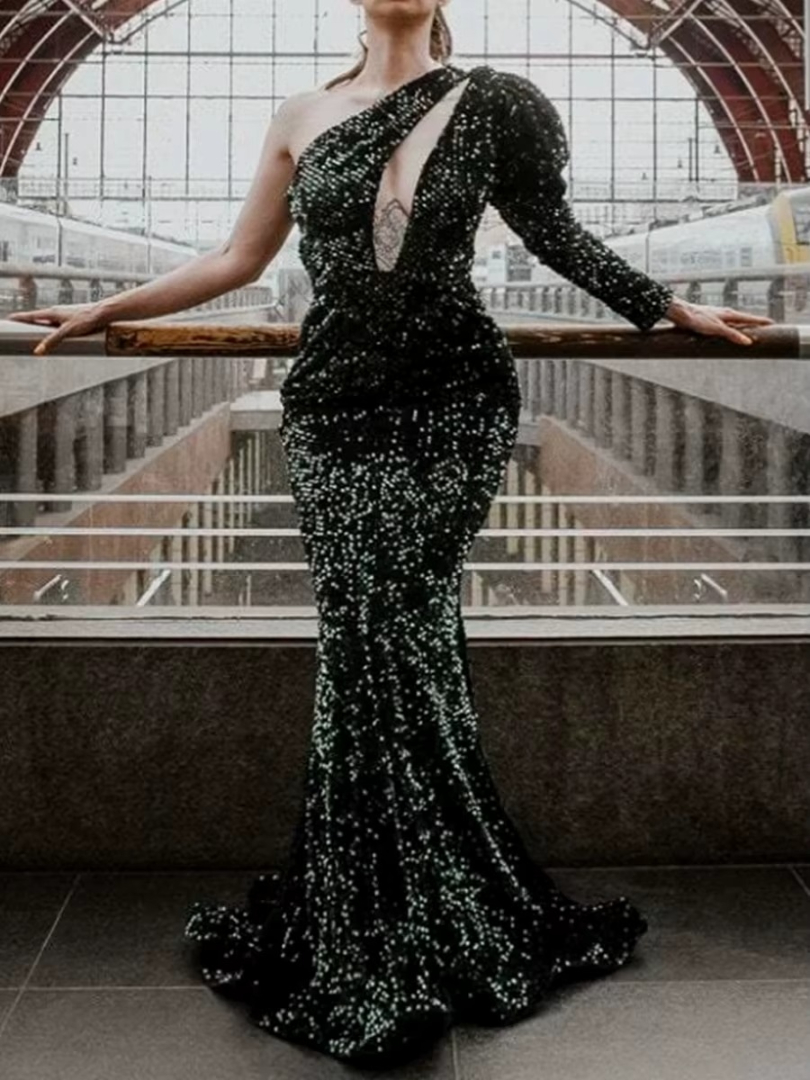 Elegant One Shoulder Puff Sleeve Cutout Bodycon Maxi Mermaid Party Dresses - Image 9