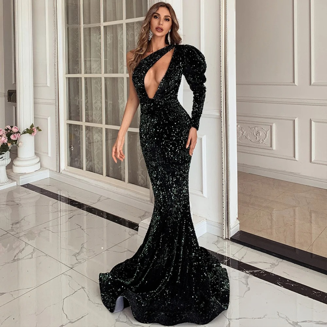 Elegant One Shoulder Puff Sleeve Cutout Bodycon Maxi Mermaid Party Dresses - Image 8