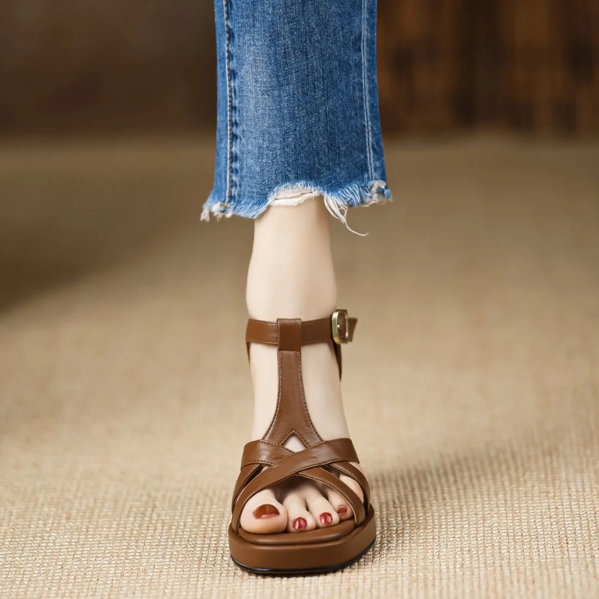 Elegant Open Toe Chunky Leather Platform High Heels Sandals - Image 7