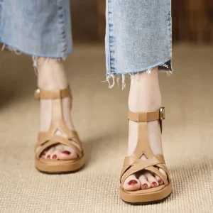 Elegant Open Toe Chunky Leather Platform High Heels Sandals
