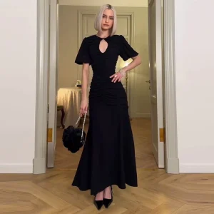 Elegant Patchwork Round Neck Sheer Pleated Short Sleeve Maxi Dress