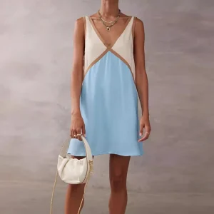 Elegant Patchwork V Neck A-Line Party Sleeveless Sling Dresses