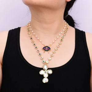 Elegant Pearl Rosary Chain Cubic Zirconia Chain Cz Charm Coin Pendant Necklace 2pcs Set