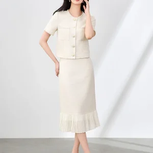 Elegant Pearls Office Style Short Sleeve Top and Midi Skirt 2 Piece Set