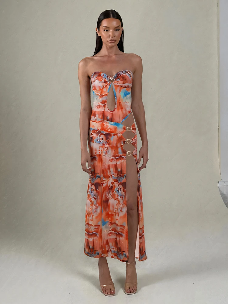 Elegant Print Off Shoulder Backless Irregular Hollow Rings Patchwork Splits Dress - Image 7