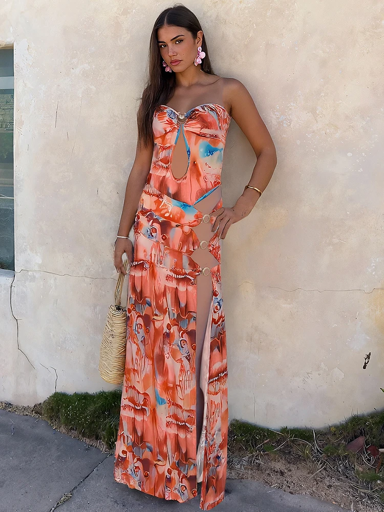 Elegant Print Off Shoulder Backless Irregular Hollow Rings Patchwork Splits Dress - Image 8