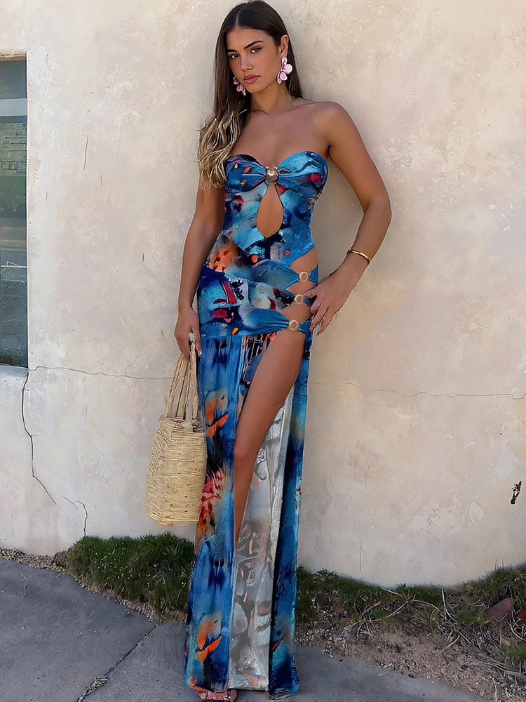 Elegant Print Off Shoulder Backless Irregular Hollow Rings Patchwork Splits Dress