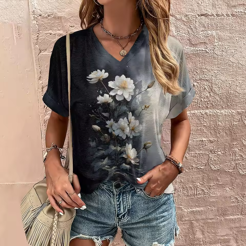 Elegant Printed Short Sleeve V Neck Pullover Slight Stretch T Shirts