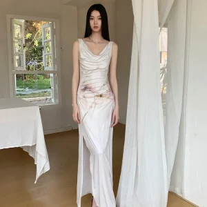 Elegant Retro Printed High-End Custom Stretch Fabric With Split Flower Watercolor Dress