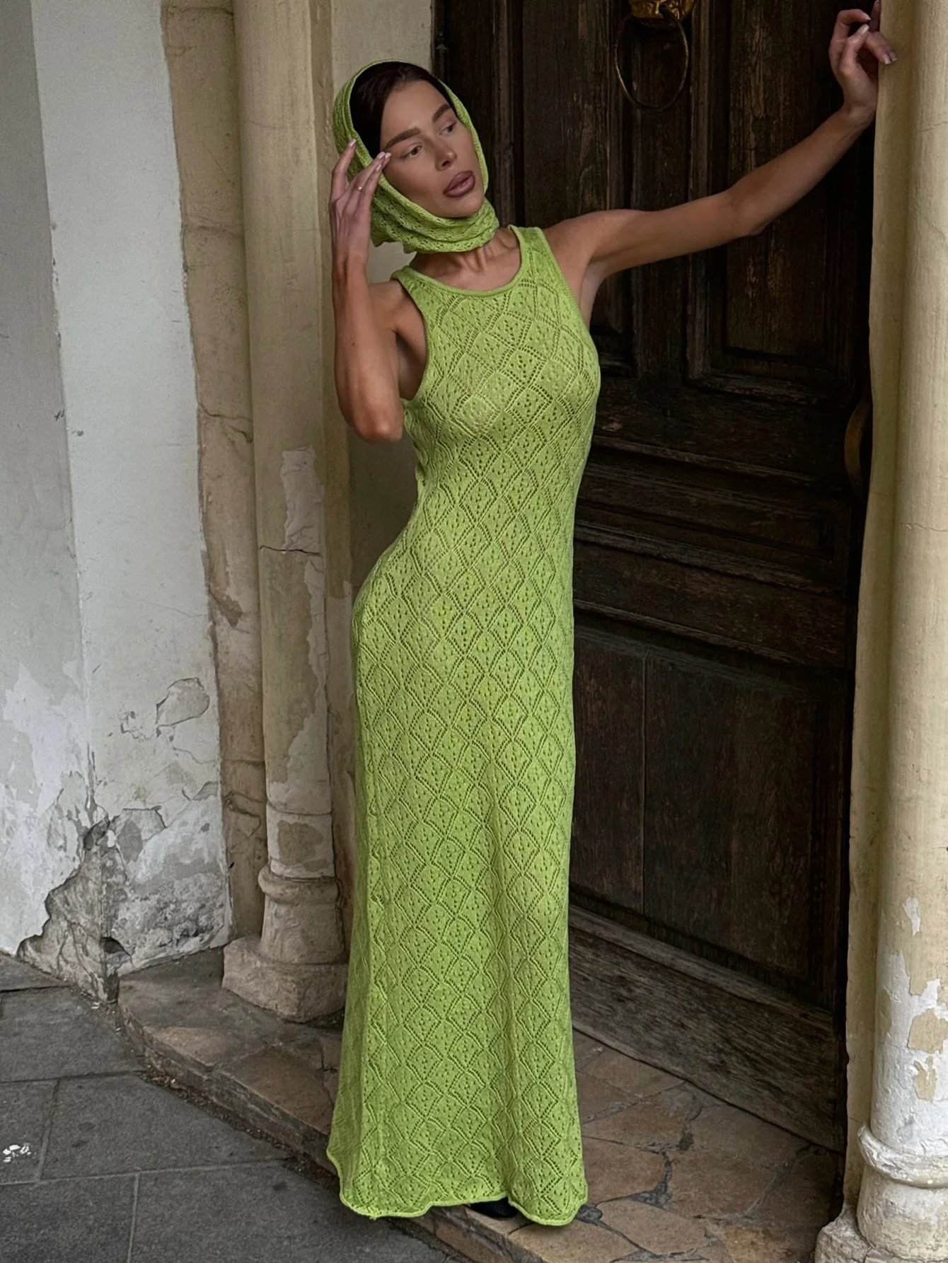 Elegant Round Neck Sleeveless Knit Slim Vacation Beach Wear Maxi Dresses