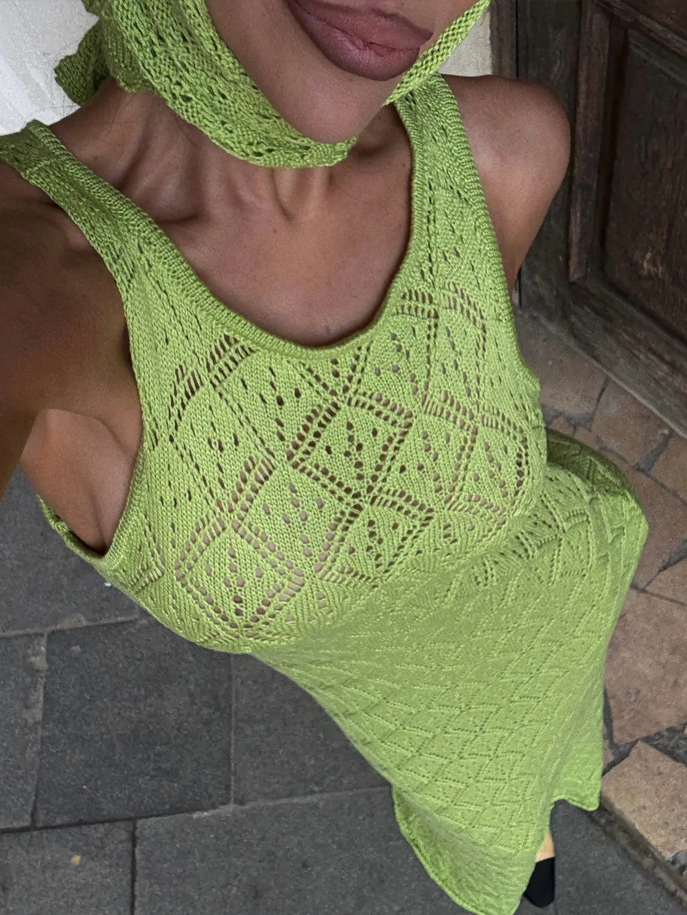 Elegant Round Neck Sleeveless Knit Slim Vacation Beach Wear Maxi Dresses - Image 6