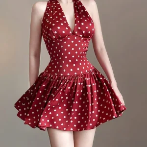 Elegant Ruched Polka Dots Print Halter Off Shoulder Backless Ruffles Mini Dress