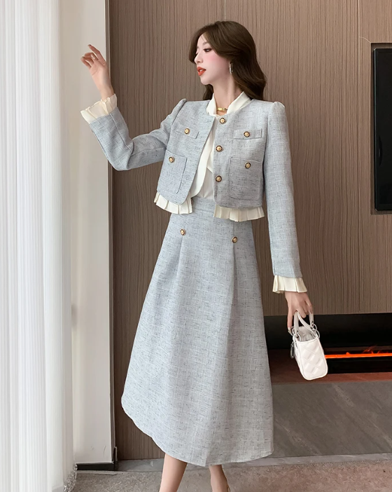 Elegant Ruffles Designer Tweed Woolen Jacket A Line Long Skirt 2 Piece Set - Image 7