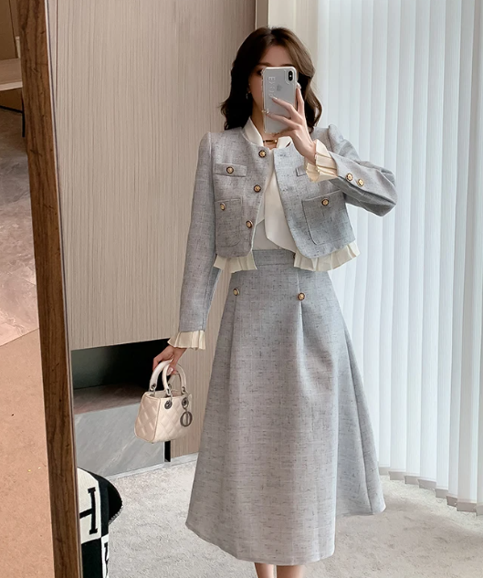 Elegant Ruffles Designer Tweed Woolen Jacket A Line Long Skirt 2 Piece Set - Image 6