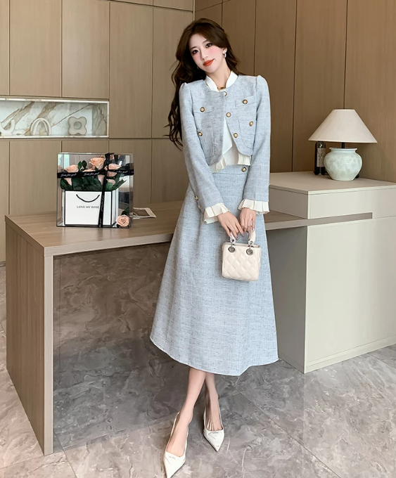 Elegant Ruffles Designer Tweed Woolen Jacket A Line Long Skirt 2 Piece Set - Image 5