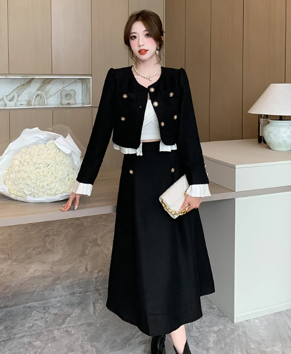 Elegant Ruffles Designer Tweed Woolen Jacket A Line Long Skirt 2 Piece Set - Image 2