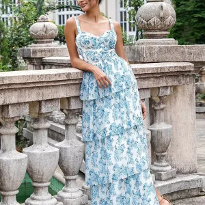 Elegant Ruffles Floral Layered Events Beach Party Maxi Dress