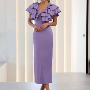 Elegant Satin V-Neck Ruffled Sleeveless Slim Straight Mid-Calf Dress