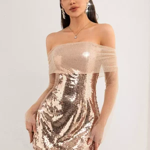 Elegant Sequin Bateau Neck Off-Shoulder Night Out Mini Dress