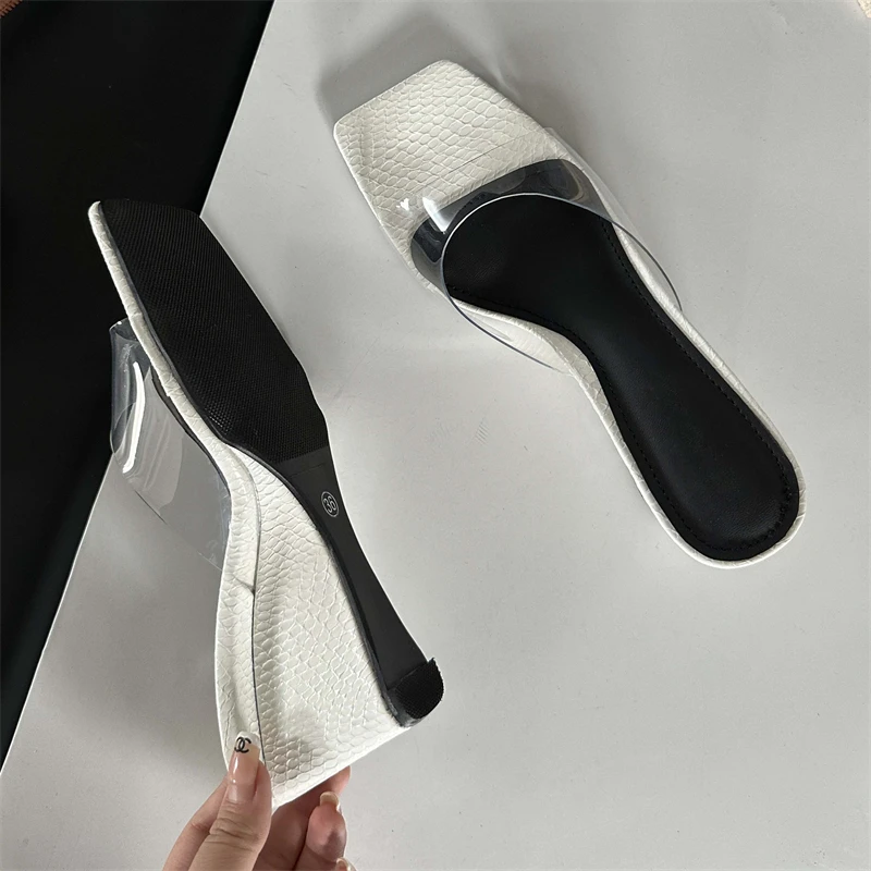 Elegant Shallow PVC Transparent Wedge Square Toe High Heels Sandal - Image 3
