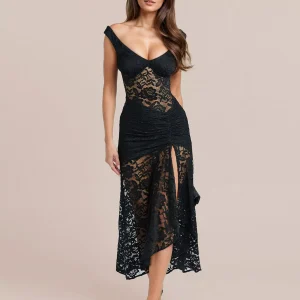 Elegant Sheer Lace Sleeveless Maxi Dress With High Slit
