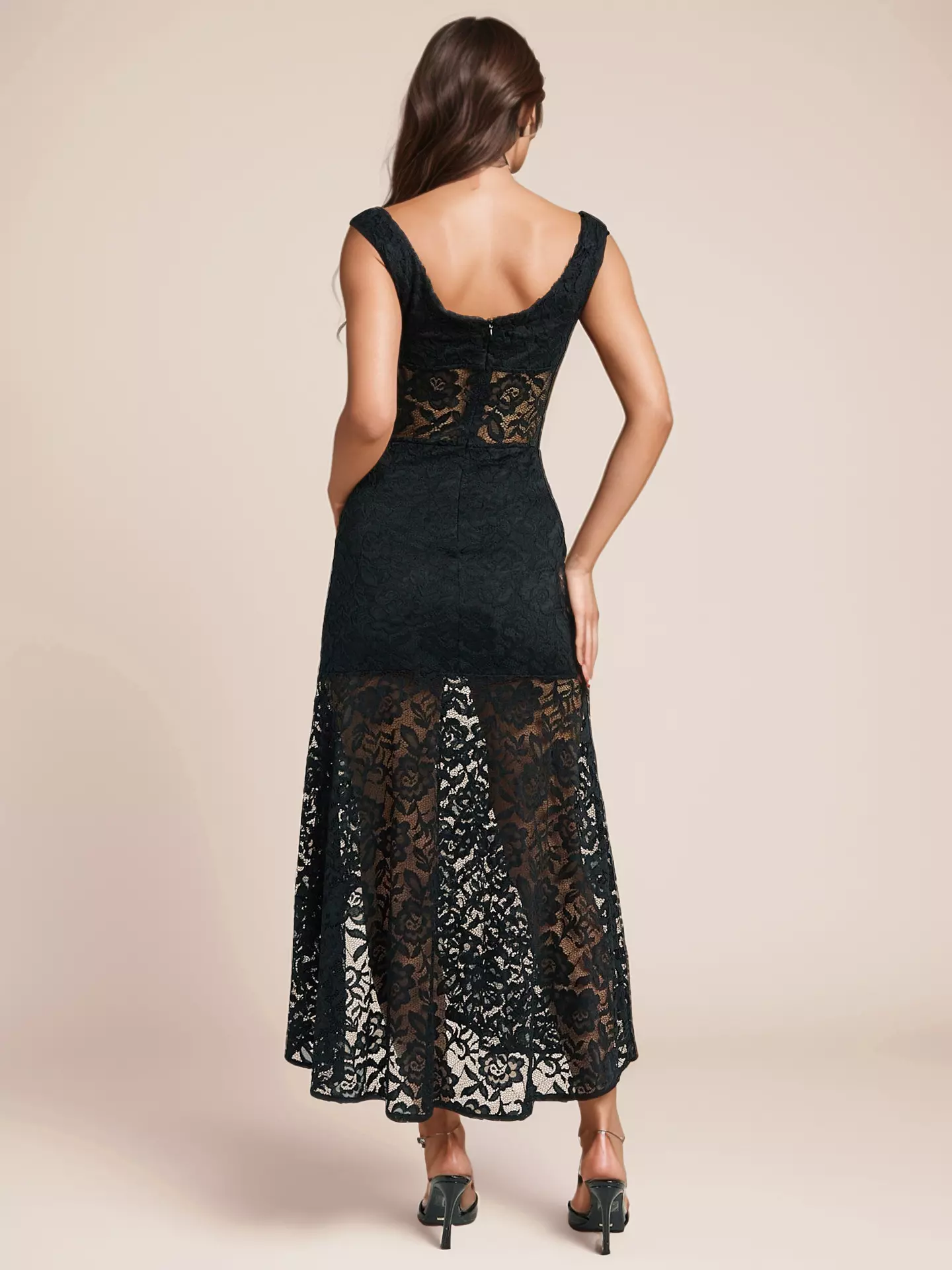 Elegant Sheer Lace Sleeveless Maxi Dress With High Slit - Image 4
