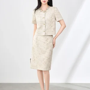 Elegant Short Sleeve Beading O Neck Top and Skirt 2 Piece Sets Outfit