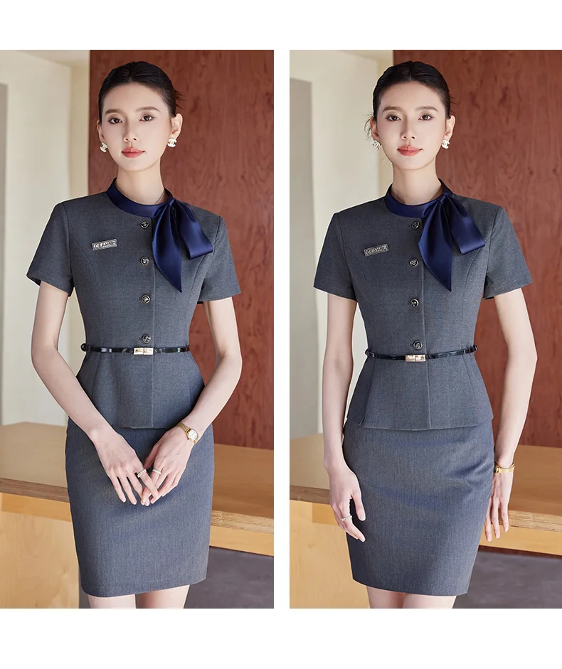Elegant Short Sleeve Bow Collar Office Style Blazer And Skirt 2 Piece Suit - Image 7
