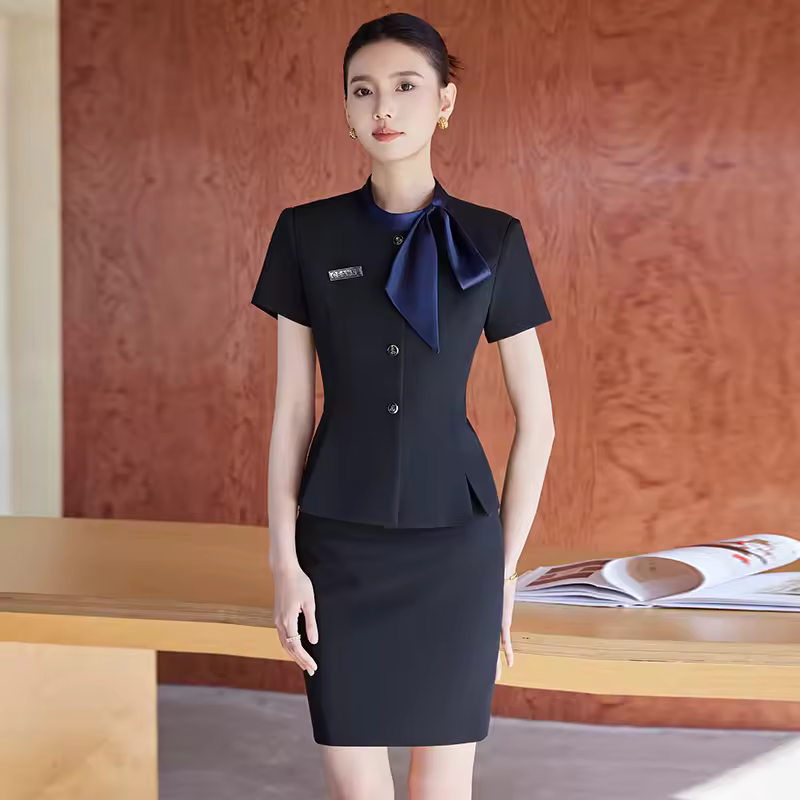 Elegant Short Sleeve Bow Collar Office Style Blazer And Skirt 2 Piece Suit - Image 4