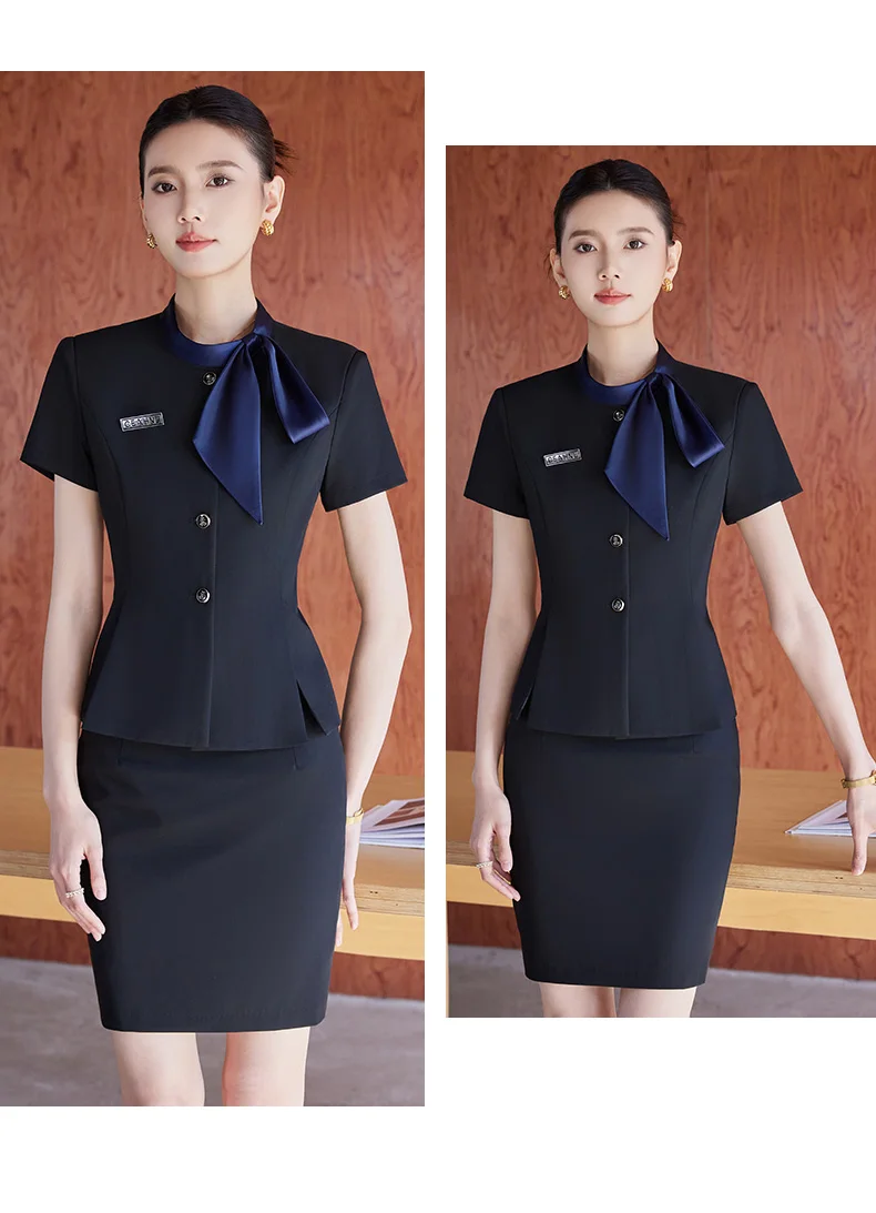 Elegant Short Sleeve Bow Collar Office Style Blazer And Skirt 2 Piece Suit - Image 5
