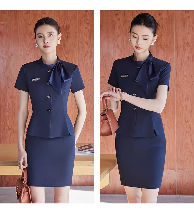 Elegant Short Sleeve Bow Collar Office Style Blazer And Skirt 2 Piece Suit - Image 3