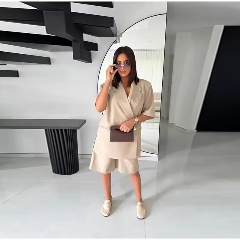 Elegant Short Sleeve Office Lapel Button Shoulder Pad Blazer - Image 7