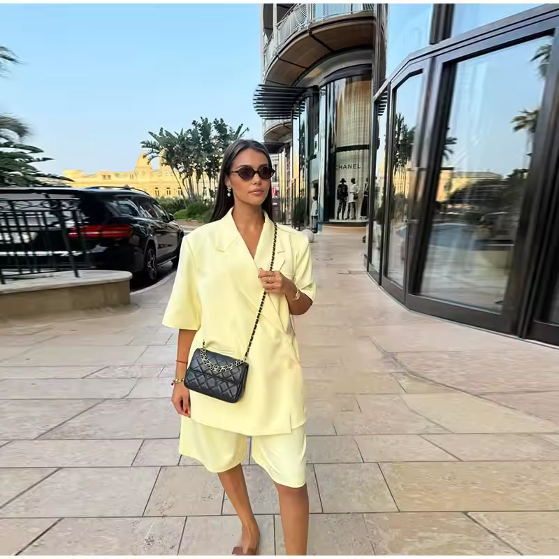 Elegant Short Sleeve Office Lapel Button Shoulder Pad Blazer - Image 3