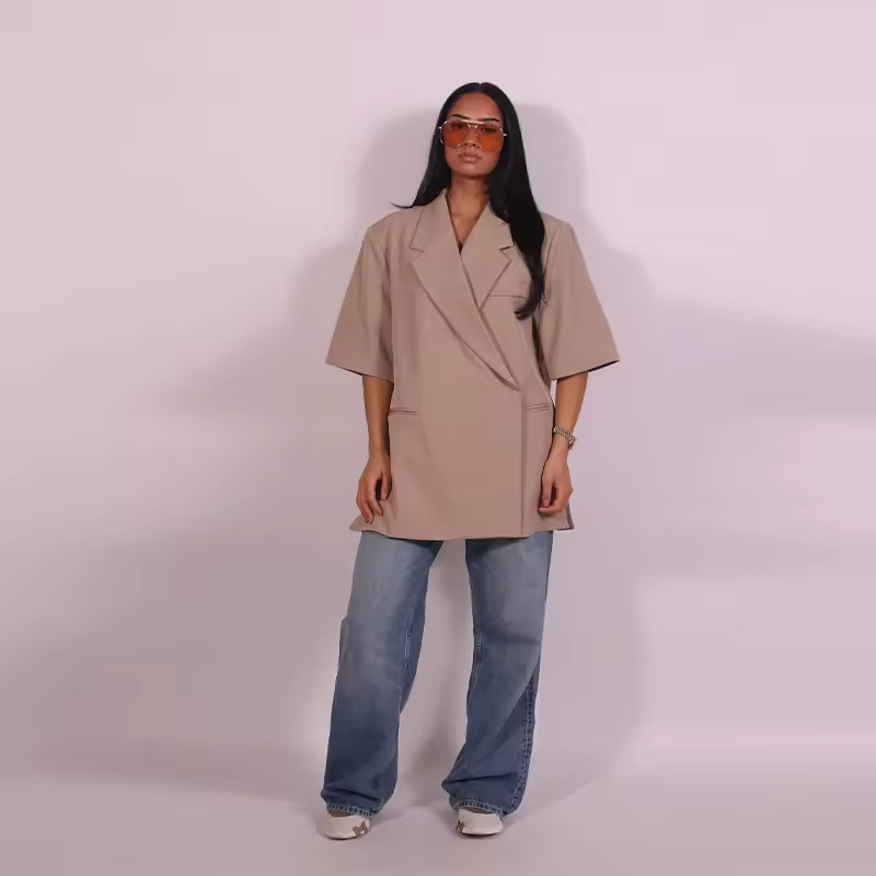 Elegant Short Sleeve Office Lapel Button Shoulder Pad Blazer - Image 6