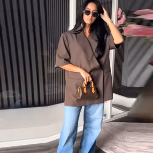 Elegant Short Sleeve Office Lapel Button Shoulder Pad Blazer