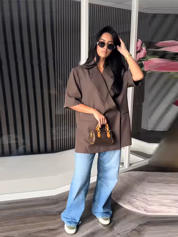 Elegant Short Sleeve Office Lapel Button Shoulder Pad Blazer