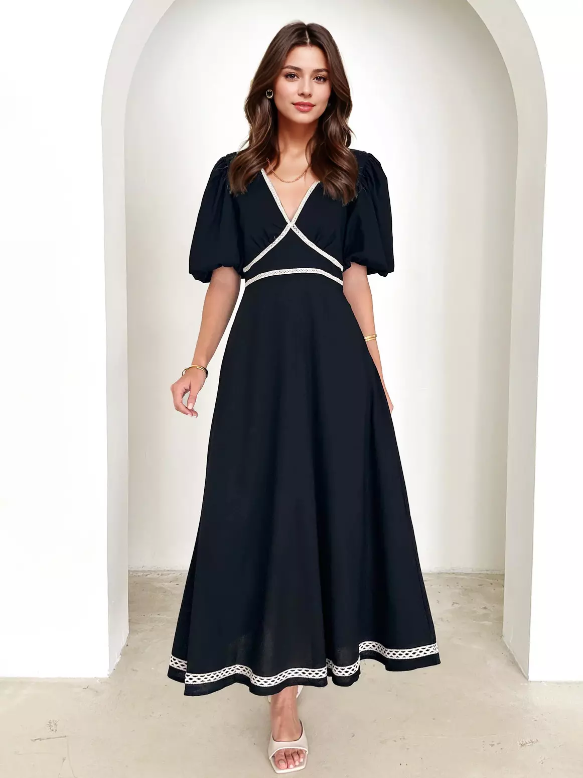 Elegant Short Sleeve With V-Neckline Street Wear Long Dress - Image 4